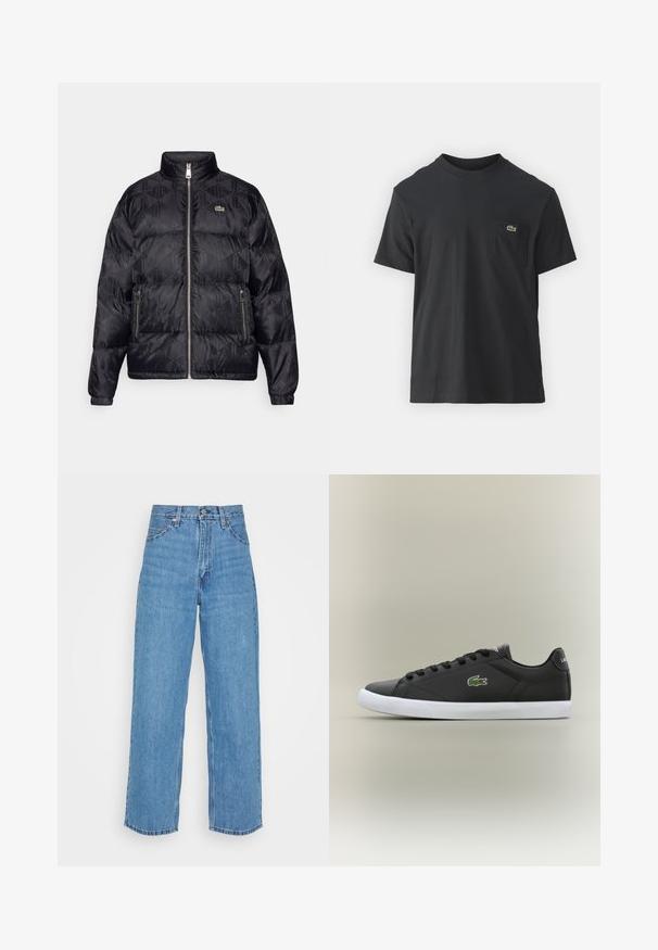 Lacoste Puhovka - black; Črna bombažna majica s kratkimi rokavi, okroglo ovratnikom in majhnim zelenim logotipom na levem žepu. Preprost dizajn, redna prileganje.; Svijetloplave traperice s visokim strukom i širokim nogavicama. Karakteristike uključuju pet džepova, metalnu kopču i ravni rub.; Črne usnjene superge z belo gumijasto podplatom, z zelenim krokodiljim logotipom in okroglimi vezalkami, elegantna zasnova z gladko teksturo.