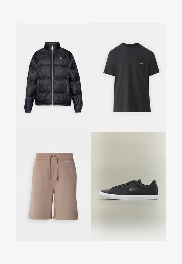Lacoste Dunjacka - black; Svart bomullströja med korta ärmar, rund halsringning och en liten grön logotyp på vänster bröstficka. Enkelt mönster, vanlig passform.; Bruna bomullsshorts med elastisk midja, dragsko och logodetalj på framsidan. Mjuk textur och knälång design.; Svarta lädersneakers med vit gummisula, med en grön krokodil-logotyp och runda snörningar, slankt design med slät textur.