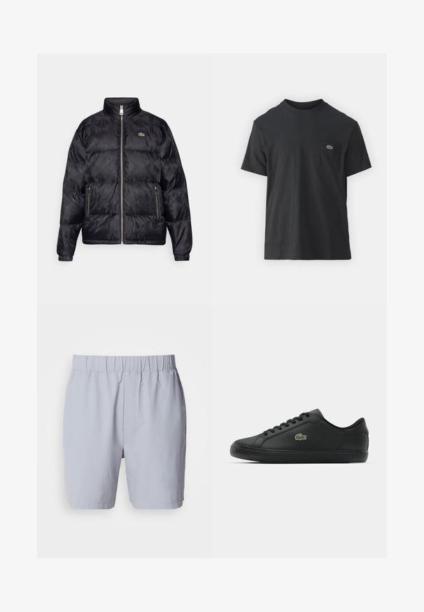 Lacoste Jachetă cu puf - black; Tricou din bumbac negru, cu mâneci scurte, decolteu rotund și un mic logo verde pe buzunarul stâng al pieptului. Design simplu, fit normal.; Pantaloni scurți de baie de culoare gri deschis, cu un tiv elastic, două buzunare laterale și un material neted și ușor. Fără modele sau aplicații vizibile.; Adidași negri din piele cu o textură netedă, închidere cu șireturi, profil jos, logo verde pe lateral și branding subtil pe talpă.