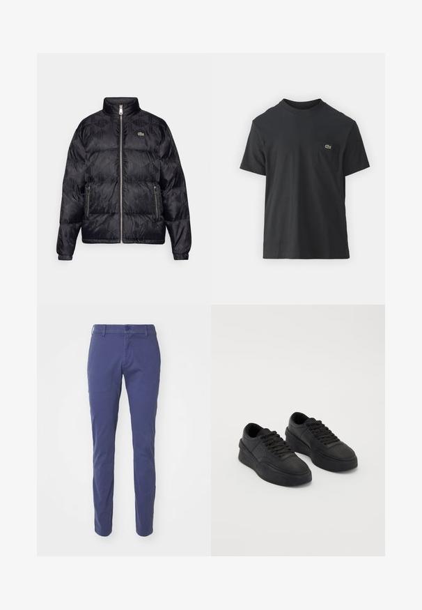 Lacoste Jakna ispunjena paperjem - black; Crna pamučna majica s kratkim rukavima, okruglim izrezom i malim zelenim logotipom na lijevoj strani džepa. Jednostavan dizajn, regularni kroj.; Tamno plave hlače sa uskim krojem, koje imaju dugme za zatvaranje, petlje za pojas i glatku pamučnu teksturu.; Par tenisica s platformom crne boje, niskog kroja, s vezicama, debelim potplatima i perforacijama u prednjem dijelu, na jednostavnoj pozadini.