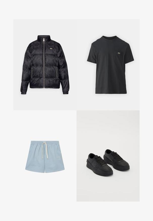 Lacoste Dunjakker - black; Sort bomulds t-shirt med korte ærmer, rund halsudskæring og et lille grønt logo på venstre brystlomme. Enkel design, normal pasform.; Stribede blå badebukser med elastisk talje og hvid snor. Har let stof og et diskret logo nederst til venstre.; Sorte sneakers lavet af glat læder med en polstret sål. Funktionen inkluderer flade snørebånd, perforeringer på tåen og en elegant silhuet.
