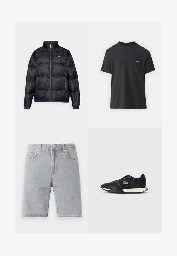 Lacoste Down jacket - black; Black cotton t-shirt with short sleeves, round neckline, and a small green logo on the left chest pocket. Simple design, regular fit.; Light grey denim shorts with a straight cut, five pockets, button closure, and contrasting stitching details.; Black sneakers with a smooth leather finish, featuring a textured rubber sole, white midsole, and a green embroidered logo on the side.