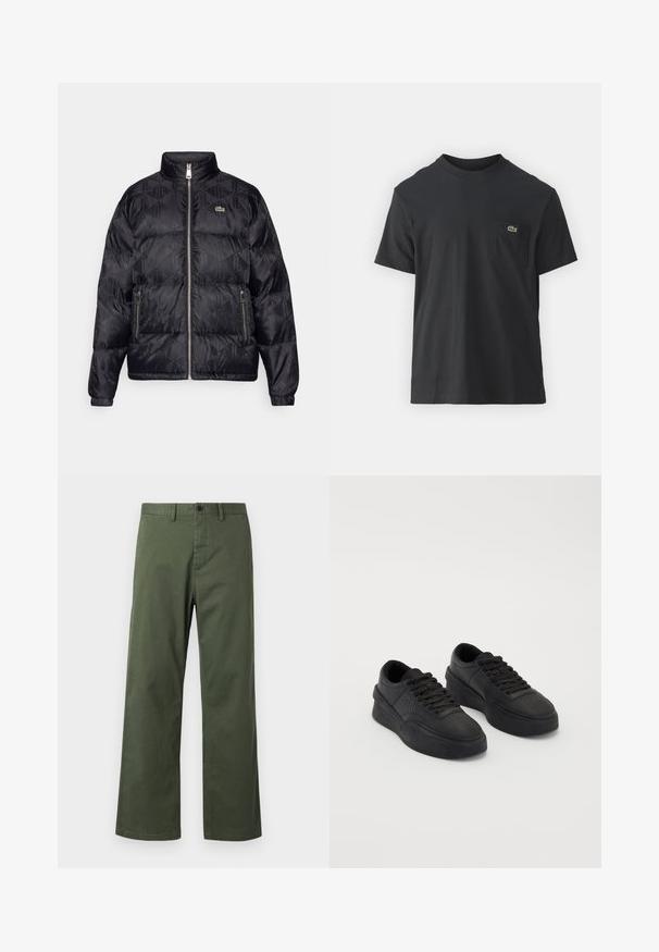 Lacoste Dūnu jaka - black; Melnas kokvilnas T-krekls ar īsām piedurknēm, apaļu kakla izgriezumu un mazu zaļu logotipu kreisajā krūšu kabatē. Vienkāršs dizains, regulāra piegriezuma.; Zaļas platās bikses, izgatavotas no kokvilnas maisījuma auduma, ar pogu aizdari, jostu cilpām un smalku vertikālu tekstūru.; Melnas kedas, izgatavotas no gludas ādas, ar mīkstu zoli. Iespējas ietver plakanu auklu, perforācijas uz pirksta un elegantu siluetu.
