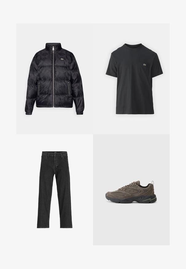 Lacoste Jachetă cu puf - black; Tricou din bumbac negru, cu mâneci scurte, decolteu rotund și un mic logo verde pe buzunarul stâng al pieptului. Design simplu, fit normal.; Jeans negri din denim cu un design drept, dotate cu fermoar, curea pentru centură și șase buzunare, fabricate dintr-un material robust din bumbac.; Lacoste STORM - Sneakers low - dark brown