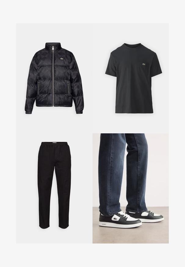 Lacoste Untuvatakki - black; Mustat puuvillapaidat, joissa on lyhyet hihat, pyöreä pääntie ja pieni vihreä logo vasemmassa rintataskussa. Yksinkertainen muotoilu, normaali istuvuus.; Samsøe Samsøe SAJABARI TROUSERS - Housut - black; Mustat ja valkoiset Lacoste-tennarit, joissa on teksturoitu nahkapinta, nauhakiinnitys ja valkoinen kumipohja. Yhdistetty tummiin farkkuihin.