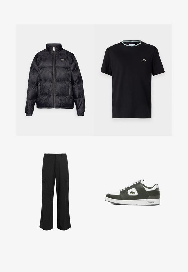 Lacoste Daunenjacke - black; Schwarzes Baumwoll-T-Shirt mit Rundhalsausschnitt, ausgestattet mit einem weißen und grünen Streifenrand und einem gestickten grünen Krokodil-Logo auf der linken Brust.; Schwarze Cargo-Hose aus leichtem Stoff, mit entspannter Passform, zwei großen Seitentaschen und Knopfverschluss.; Grüne Leder-Sneaker mit weißen Akzenten, runder Zehenform, Schnürverschluss, strukturiertem Obermaterial und Lacoste-Logo. Gummisohle.