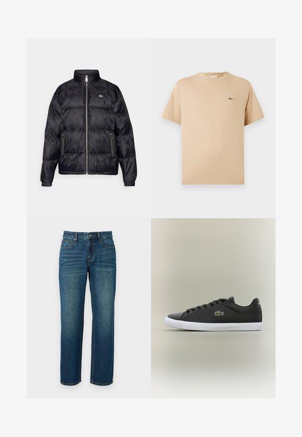 Lacoste Puhovka - black; Bežna bombažna majica s kratkimi rokavi in okroglo ovratnikom; na levi strani je majhen vezen zeleno-krokodilji logotip.; Denim kavbojke temno modre barve s ravnim krojem, ki vključujejo pet žepov, zanke za pas in rahlo zbledelost na stegnih.; Črne usnjene superge z belo gumijasto podplatom, z zelenim krokodiljim logotipom in okroglimi vezalkami, elegantna zasnova z gladko teksturo.