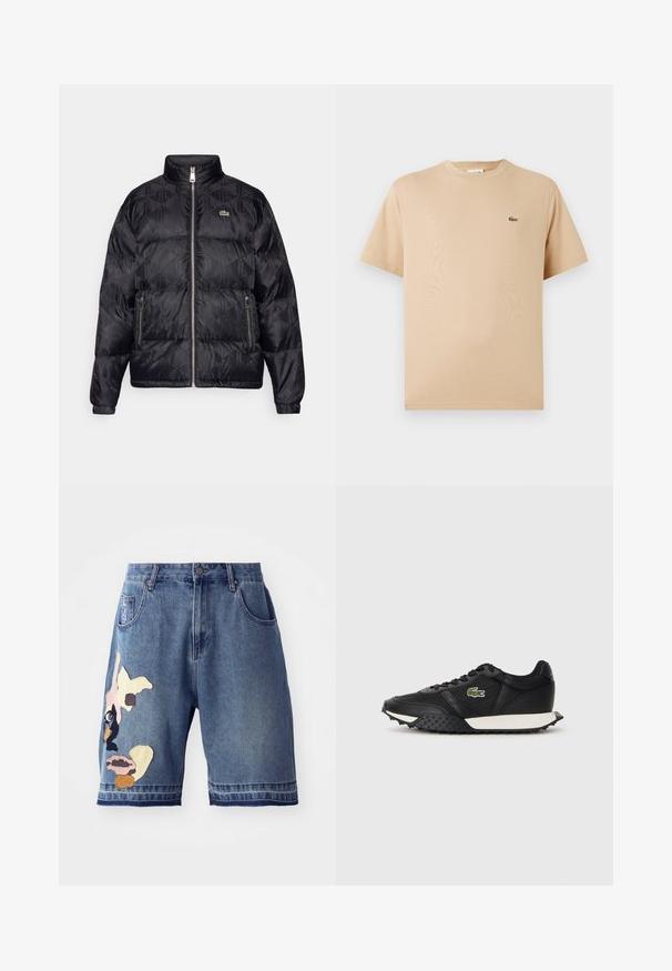 Lacoste Untuvatakki - black; Beige puuvillapaita, jossa on pyöreä kaula-aukko ja lyhyt hiha; vasemmalla puolella on pieni, brodeerattu vihreä krokotiililogo.; Farkkushortsit, joissa on sininen pesu, suora leikkaus, monivärisiä kankaita appliikkina ja yksi etutasku.; Musta lenkkarit, joissa on sileä nahkapinta, varustettu teksturoidulla kumipohjalla, valkoisella välipohjalla ja vihreällä brodeeratulla logolla sivussa.