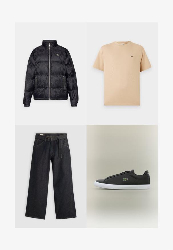 Lacoste Puhovka - black; Bežna bombažna majica s kratkimi rokavi in okroglo ovratnikom; na levi strani je majhen vezen zeleno-krokodilji logotip.; Temne jeans hlače širokega kroja z pasom na zadrgo, ki imajo sprednje žepe in kontrastno šivanje. Gladka struktura z brezhibnim dizajnom.; Črne usnjene superge z belo gumijasto podplatom, z zelenim krokodiljim logotipom in okroglimi vezalkami, elegantna zasnova z gladko teksturo.