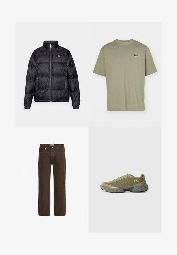Lacoste Tollkabát - black; Olívazöld pamut póló kerek nyakkivágással, rövid ujjakkal és hímzett krokodil logóval a bal mellen.; Barna farmernadrág egyenes szabással, öt zsebbel és fém kiegészítőkkel. Gombos záródása és márkás övtartó címkéje van.; Olíva zöld sportcipők, texturált hálós felsőrésszel, lekerekített orral és szürke gumitalppal. Oldalán egy kis hímzett logó található.