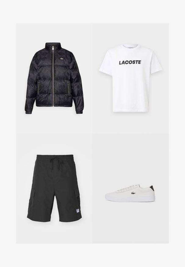 Lacoste Doudoune - black; T-shirt en coton blanc avec un logo noir "LACOSTE" bien visible sur la poitrine. Manches courtes et col rond.; Shorts cargo noirs en tissu durable, dotés d'une taille élastique avec cordon de serrage, de poches latérales et d'un accent de label en patch.; Baskets en cuir blanc avec bout rond, devant à lacets et accent en cuir noir au talon. Présente un petit logo de crocodile brodé sur le côté.