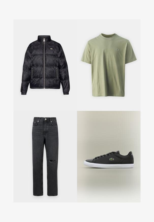 Lacoste Pūkinė striukė - black; Alyvuogių žalios spalvos medvilnės marškinėliai su apykakle ir trumpomis rankovėmis. Yra mažas, išsiuvinėtas logotipas ant krūtinės. Lygi tekstūra.; Juodi džinsai su tiesia kojų kirpimu, su suplėšyta keliu, penkių kišenių dizainu ir metalinėmis detalėmis juosmens ir kišenių srityse.; Juodos odinės sportbačiai su baltais guminiais padais, turintys žalią krokodilo logotipą ir apvalias raišteles, elegantiškas dizainas su lygia tekstūra.