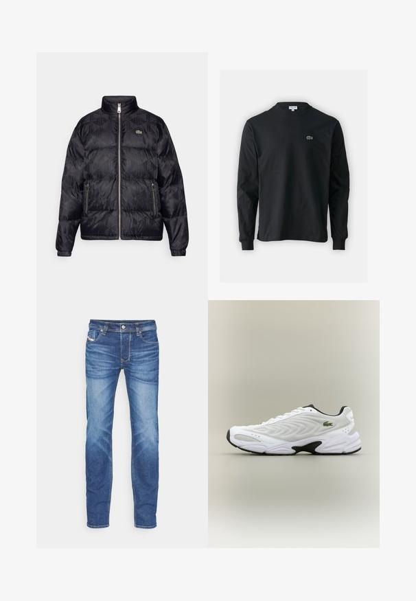 Lacoste Pūkinė striukė - black; Juodas ilgomis rankovėmis marškinėliai iš medvilnės, turintys apvalią iškirptę ir mažą žalią išsiuvinėtą krokodilo logotipą kairėje krūtinės pusėje.; Mėlyni lieknėjantys džinsai su išblukusiu efektu, priekinis mygtukas, užtrauktukas ir penkių kišenių dizainas ant balto fono.; Balti sportiniai bateliai su tekstūruotu tinkliniu viršumi, lenkta forma ir kontrastingu juodu padu. Šone turi žalią siuvinėtą logotipą.