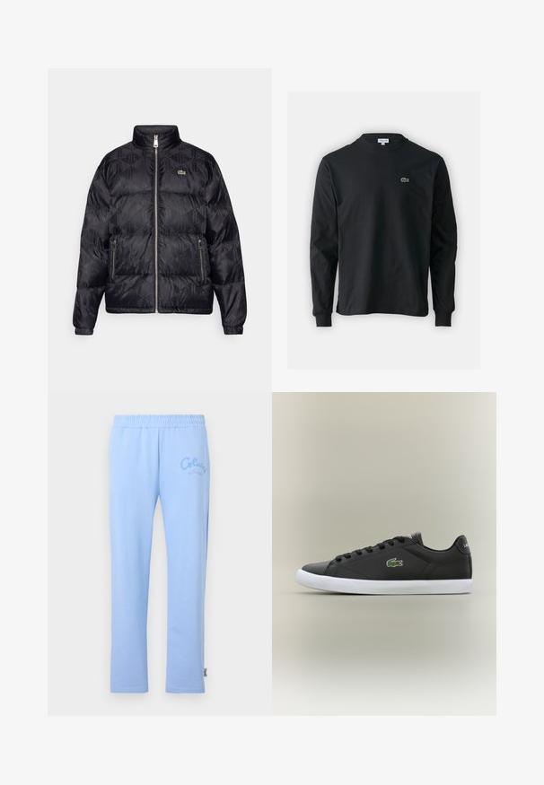 Lacoste Páperová bunda - black; Čierne tričko s dlhým rukávom vyrobené z bavlny, s okrúhlym výstrihom a malým zeleným vyšívaným logom krokodíla na ľavej hrudi.; Svetlomodré bavlnené tepláky s elastickým pásom. Obsahujú vyšité logo "Colucci" na ľavej strane a majú priamy strih nohavíc.; Čierne kožené tenisky s bielou gumovou podrážkou, s logom zeleného krokodíla a okrúhlymi šnúrkami, elegantný dizajn s hladkou textúrou.