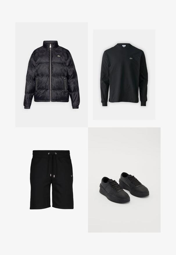 Lacoste Gewatteerde jas - black; Zwarte longsleeve t-shirt van katoen, met een ronde halslijn en een klein groen geborduurd krokodillenlogo op de linkerborst.; Zwarte katoenen shorts met een verstelbare tailleband, zilveren oogjes en subtiele logo-details aan de linkerkant. Glad materiaal en knie-lange snit.; Zwarte sneakers van soepel leer met een gestoffeerde zool. Kenmerken zijn plat veter, perforaties op de teen en een slanke silhouet.