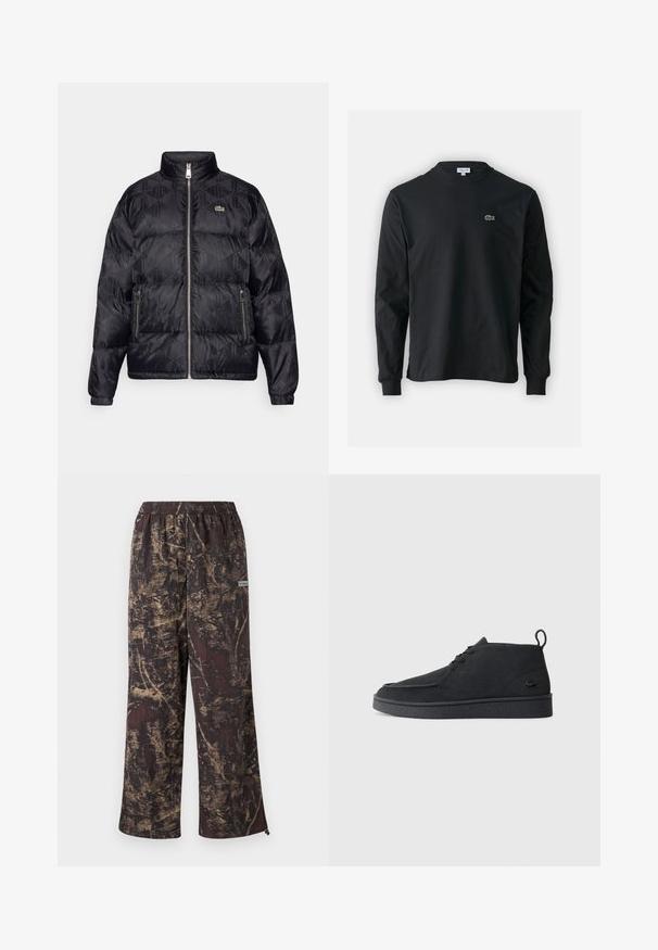 Lacoste Gewatteerde jas - black; Zwarte longsleeve t-shirt van katoen, met een ronde halslijn en een klein groen geborduurd krokodillenlogo op de linkerborst.; Brede broekspijpen met een donkerbruine basis en een gouden textuurpatroon. Elastische tailleband met een logo-label aan de zijkant.; Zwarte suède veterschoenen tot de enkel met een trekband en een gestructureerde zool, met een klein reliëf krokodillenlogo aan de zijkant.