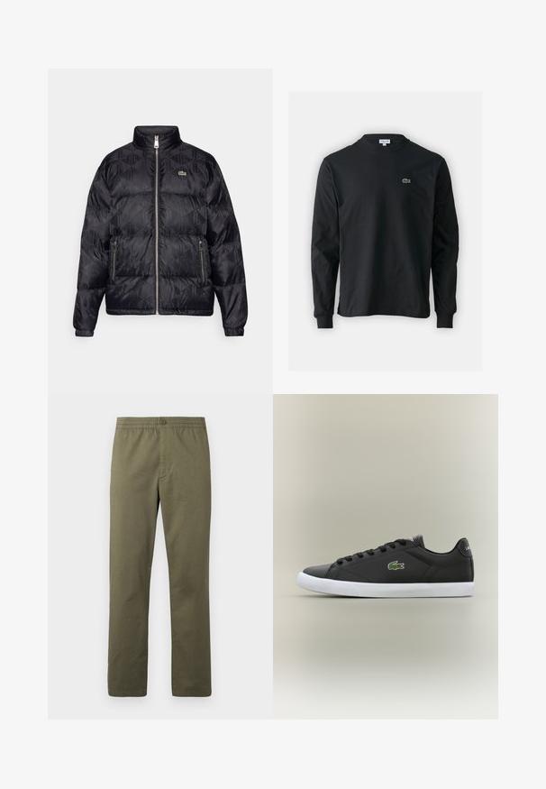 Lacoste Down jacket - black; Black long-sleeve t-shirt made of cotton, featuring a round neckline and a small green embroidered crocodile logo on the left chest.; Lacoste Trousers - olive; Black leather sneakers with white rubber sole, featuring a green crocodile logo and round laces, sleek design with smooth texture.