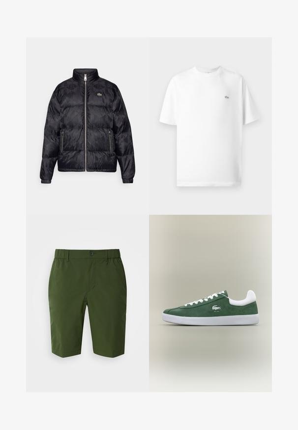 Lacoste Sulejope - black; Valge puuvillane T-särk ümmarguse kaeluse ja lühikeste varrukatega. Vasakul rinna küljes on väike must Lacoste'i logo.; Tumed rohelised lühikesed püksid elastse vöökohtaga ja ühe nupukinnitusega. Sile, kerge kangas, millel on kaks küljetaskut ja kohandatud lõige.; Madala profiiliga roheline sametist tennis, valgete paelte ja valge tallaga, pehmendatud kannakollari ja brodeeritud krokodillilogo tekstiga "EST. 1933".