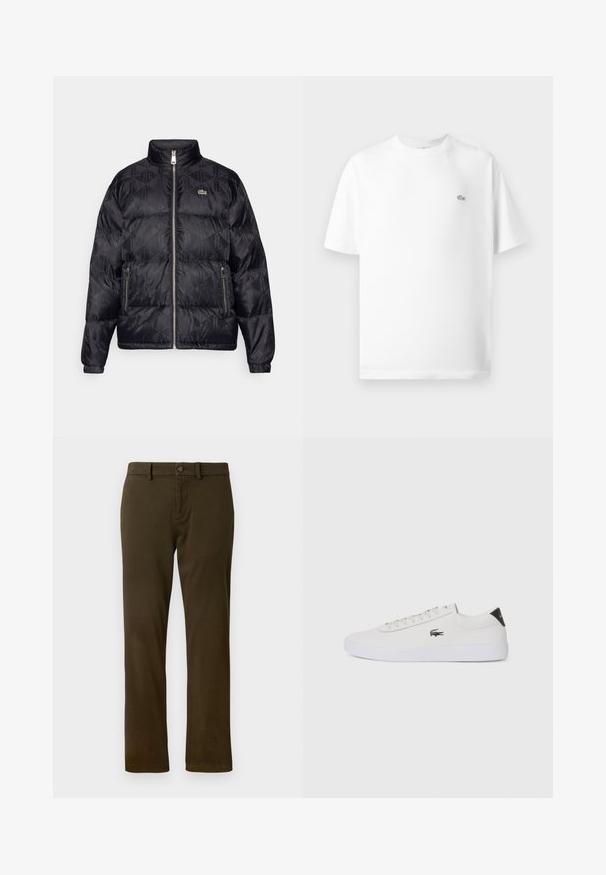 Lacoste Tollkabát - black; Fehér pamut póló kerek nyakkal és rövid ujjakkal. Kicsi fekete Lacoste logó látható a mellkas bal oldalán.; Sötétzöld chino nadrág klasszikus szabással, övhurkokkal és elülső gombzárral. Simább, texturált anyag, egyenes lábakkal.; Fehér bőr sportcipő kerek orral, fűzős elülső résszel és fekete sarok akcentussal. Oldalán egy kis hímzett krokodil logóval rendelkezik.