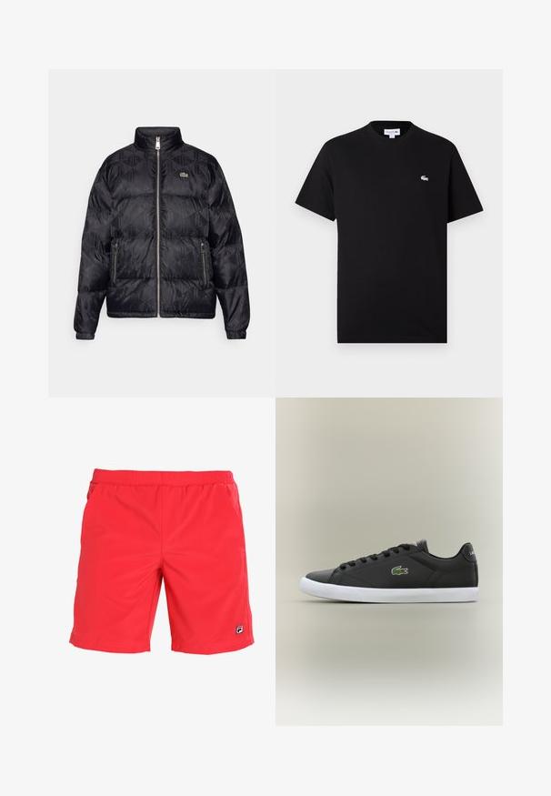 Lacoste Tollkabát - black; Fekete pamut póló klasszikus kerek nyakkal és rövid ujjakkal. Diszkrét fehér Lacoste logó a bal mellrészen. Sima textúra.; Vörös úszónadrág könnyű anyagból, rugalmas derékrésszel, oldalsó zsebekkel és egy kisebb logóval a szegélyen.; Fekete bőr sportcipők fehér gumitalppal, zöld krokodil logóval és kerek fűzőkkel, elegáns dizájn sima felülettel.