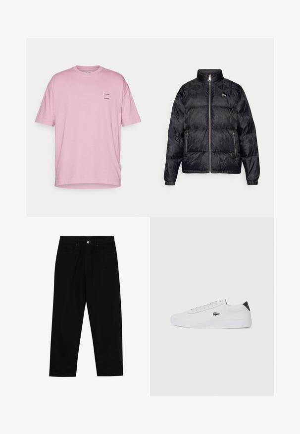 Lacoste Untuvatakki - black; Vaaleanpunainen puuvillapaita, jossa on rento leikkaus, lyhyet hihat, pyöreä kaula-aukko ja kaksi pientä mustaa painettua logoa vasemmassa rinnassa.; Mustat farkut suoraan lahkeella, viisi taskua ja etunappikiinnitys. Sileä rakenne, jossa on vain vähäisiä ompelualueita.; Valkoinen nahkakenkä pyöreällä varvalla, nauhakiinnitys edessä ja musta kantapään korostus. Sivussa pieni brodyoitu krokotiililogo.