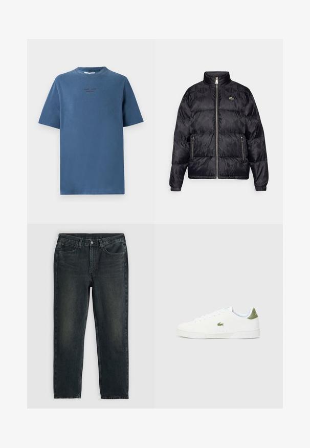 Lacoste Tollkabát - black; Kék pamut póló kerek nyakkivágással, rövid ujjakkal és diszkrét szöveges mintával sötétebb árnyalatokban. Egyszerű, laza fazon, minta nélkül.; Sötétkék farmernadrág, egyenes fazonnal, ött zsebbel, cipzáras sliccel és kontrasztos varrással. A szövet enyhe kopása.; Fehér sportcipő sima textúrával, zöld akcentussal a sarkán, és egy kis hímzett krokodil logóval az oldalán.