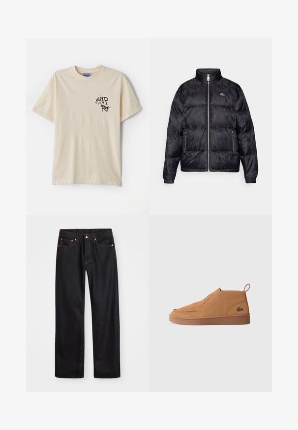 Lacoste Untuvatakki - black; Kuplia värisestä puuvillasta tehty t-paita lyhyillä hihoilla, jossa on musta graafinen teksti ja kuvasto vasemmassa rinnassa.; Miestne čierne rovné džínsy so štyrmi vreckami a oranžovým šitím, zapínanie na gombík a zips na prednom pásku.; Bruna suede kengät nilkkamallilla, jossa on kumipohja ja vetotappi, ja sivussa on allekirjoituskrokotiililogot.