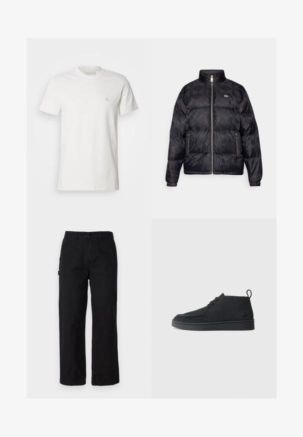 Lacoste Daunenjacke - black; Calvin Klein Jeans HEAVY REGULAR  - T-Shirt basic - ivory; Schwarze Baumwoll-Cargohosen mit geradem Bein, ausgestattet mit Seitentaschen und einem vorderen Knopfverschluss. Langlebiger Stoff mit einer glatten Textur.; Schwarze Wildleder Schnürstiefelette mit Zuglasche und strukturiertem Boden, ausgestattet mit kleinem eingeprägtem Krokodil-Logo an der Seite.
