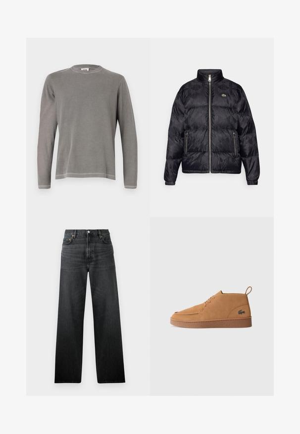 Lacoste Daunenjacke - black; Graues Langarm-T-Shirt mit Rundhalsausschnitt, aus weicher Baumwolle gefertigt, mit einfacher Naht entlang dem Saum und den Bündchen.; Schwarze Jeans aus Denim mit geradem Bein, ausgestattet mit fünf Taschen und einem Knopfverschluss. Der Stoff hat einen leichten Glanz und eine sichtbare Textur.; Braune Wildleder-Schnürstiefelette mit Gummisohle und Zuglasche, die ein charakteristisches Krokodil-Logo an der Seite aufweist.