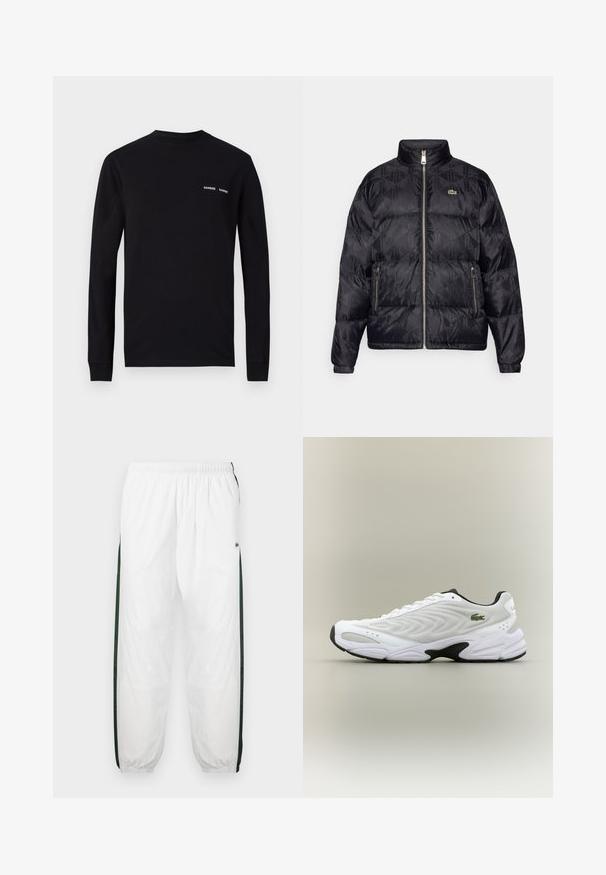 Lacoste Tollkabát - black; Fekete, hosszú ujjú pamut póló, kerek nyakkivágással, amelyen két fehér "SAMSØE" logó nyomat található a bal mellkasi részen.; Fehér sportnadrág sötétzöld oldalpanelekkel. Könnyű anyagból készült, rugalmas derékkal és gumis szegéllyel. Az oldalpaneleken hálós textúra található.; Fehér sportcipő, texturált hálós felsőrésszel, ívelt kialakítással és kontrasztos fekete talppal. Oldalán zöld hímzett logóval rendelkezik.
