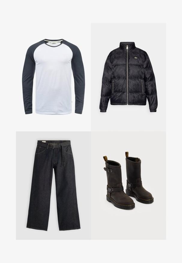 Lacoste Down jacket - black; Long-sleeve t-shirt with a white body and dark gray raglan sleeves. Made of smooth fabric with a rounded neckline and subtle stitching details.; Dark denim wide-leg pants with a belted waist, featuring front pockets and contrasting stitching. Smooth texture with a clean design.; Dark brown leather boots with a mid-calf design, yellow stitching, adjustable buckle straps, and pull tabs on the top. Textured finish.