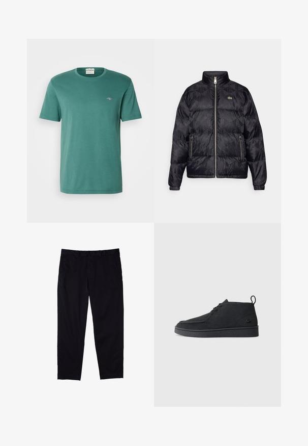 Lacoste Chaqueta de plumas - black; Camiseta de algodón verde con cuello redondo y mangas cortas. Presenta un pequeño logo bordado en el pecho. Textura suave, corte casual.; Pantalones negros de algodón con diseño de pierna recta, que cuentan con cierre de botón, bolsillos laterales y una textura suave.; Botines de ante negros con cordones, tirador en la parte trasera y suela texturizada, que presentan un pequeño logo de cocodrilo en relieve en el lateral.