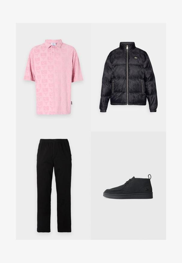 Lacoste Gewatteerde jas - black; Roze polo shirt met een textuurpatroon en herhaalde motieven. Korte mouwen en een klassieke kraag met knopen aan de voorkant.; Zwarte broek van een katoenmix, met een rechte snit, een elastische tailleband met knoop en zonder zichtbare patronen of accenten.; Zwarte suède veterschoenen tot de enkel met een trekband en een gestructureerde zool, met een klein reliëf krokodillenlogo aan de zijkant.