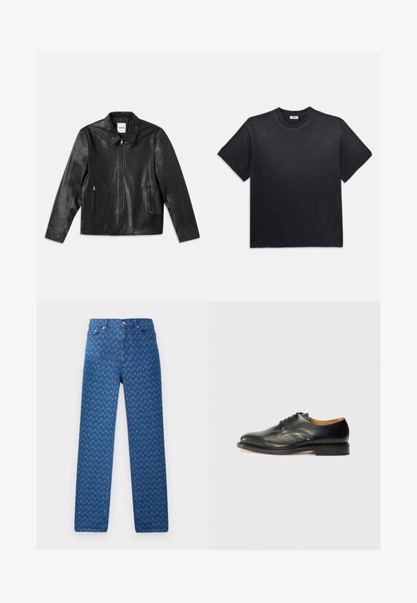 Czarna skórzana kurtka z ostrym kołnierzem, zapięciem na zamek i dwiema bocznymi kieszeniami. Posiada gładką teksturę i dopasowany krój.; Czarna bawełniana koszulka z okrągłym dekoltem i krótkimi rękawami. Charakteryzuje się luźnym krojem, gładką teksturą oraz minimalistycznym wzornictwem.; Niebieskie dżinsy z powtarzającym się teksturowanym wzorem, pięcioma kieszeniami oraz zapięciem na guziki w pasie. Prosty krój nogawek.; Czarne skórzane buty eleganckie z gładkim wykończeniem, okrągłym noskiem i minimalnym sznurowaniem. Charakteryzują się subtelnym wzornictwem oraz niską, solidną gumową podeszwą.