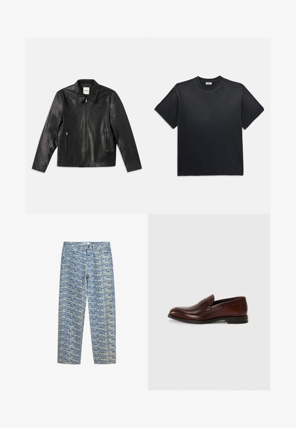 Fekete bőrdzseki hegyes gallérral, cipzáros elülső résszel és két oldalsó zsebbel. Simább textúrával és testreszabott fazonnal rendelkezik.; Fekete pamut póló kerek nyakkivágással és rövid ujjakkal. Lazább fazon, sima textúra és minimalista design jellemzi.; Világoskék farmernadrág, sötétebb kék és krém színű, textúrált, hullámvonalas mintával. Szabványos öt zsebes kivitel és elöl gombbal záródik.; Barna bőr loaferek lekerekített orral, elülső pánt részlettel és alacsony, stílusos sarokkal. Sima textúra minimális díszítéssel.