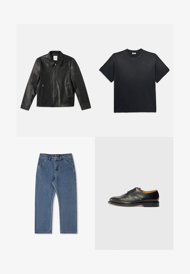 Must must nahkaneediga, millel on terav krae, tõmblukuga esiosa ja kaks küljetaskut. Omab siledat tekstuuri ja sobivat istuvust.; Must märk puuvillane T-särk ümmarguse kaelusega ja lühikeste varrukatega. Omab lõdvat istuvust, sujuvat tekstuuri ja minimalistlikku disaini.; Sinise denim püksid otsejoone disainiga, keskmise tõusuga vöökoht ja klassikaline viis taskutega stiil. Omab peent värvimuutust ja õmblemise detaile.; Must musta kingad, millel on sile pind, ümar nina ja minimaalne paelamine. Omab peent disaini ja madalat, tugevat kummist tallat.