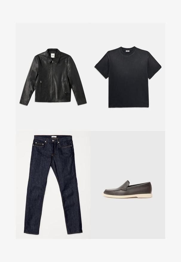 Čierna kožená bunda s špicatým golierom, zipsom vpredu a dvoma bočnými vreckami. Vyznačuje sa hladkou textúrou a priliehavým strihom.; Čierne bavlnené tričko s okrúhlym výstrihom a krátkymi rukávmi. Má voľný strih, hladkú textúru a minimalistický dizajn.; Tmavomodré rifle z denimu so strihom rovného nohavicia, so stredným pásom, kontrastným oranžovým prešívaním a klasickou konfiguráciou piatich vreciek.; Hnedé kožené nazúvacie topánky s textúrovaným povrchom a kontrastnou svetlo béžovou podrážkou, s okrúhlou špičkou a minimálnymi švovými detailmi.