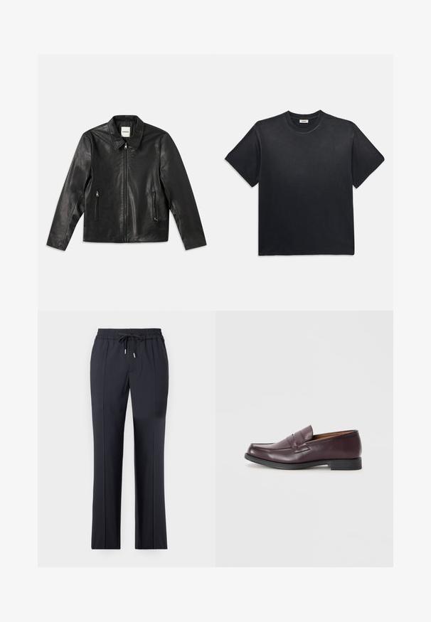 Giubbotto di pelle nera con colletto a punta, chiusura con zip e due tasche laterali. Presenta una texture liscia e una vestibilità su misura.; T-shirt in cotone nero con scollatura rotonda e maniche corte. Presenta una vestibilità comoda, una texture liscia e un design minimalista.; Pantaloni neri elasticizzati con vita elasticizzata e cordoncino. Taglio dritto con tasche laterali e una superficie liscia e morbida.; Mocassini in pelle bordeaux con punta arrotondata, dettagli cuciti discreti e suola nera bassa. Design classico con minimalismo negli ornamenti.