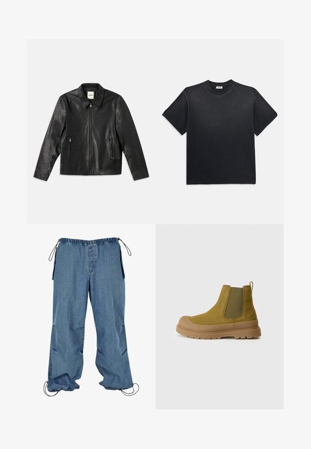 Must must nahkaneediga, millel on terav krae, tõmblukuga esiosa ja kaks küljetaskut. Omab siledat tekstuuri ja sobivat istuvust.; Must märk puuvillane T-särk ümmarguse kaelusega ja lühikeste varrukatega. Omab lõdvat istuvust, sujuvat tekstuuri ja minimalistlikku disaini.; Heledad sinine teksapüksid elastse vöökoha, joonistamispaeltega varrukate ja küljetaskutega. Kangas näib olevat pehme ja kergelt kulunud tekstuuriga.; Õlivärvi pahkluu saapad ribitud elastsete külgpaneelidega, ümmarguse varbaga ja turske beežiga tallaga. Omab õmblustega sauma ja tõmbetabi.