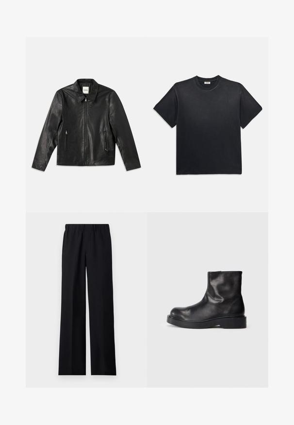 Giubbotto di pelle nera con colletto a punta, chiusura con zip e due tasche laterali. Presenta una texture liscia e una vestibilità su misura.; T-shirt in cotone nero con scollatura rotonda e maniche corte. Presenta una vestibilità comoda, una texture liscia e un design minimalista.; sandro LARGE - Pantaloni - noir; Stivali alla caviglia in pelle nera con punta arrotondata, texture liscia e suola in gomma nera spessa. Design minimalista senza hardware visibile.