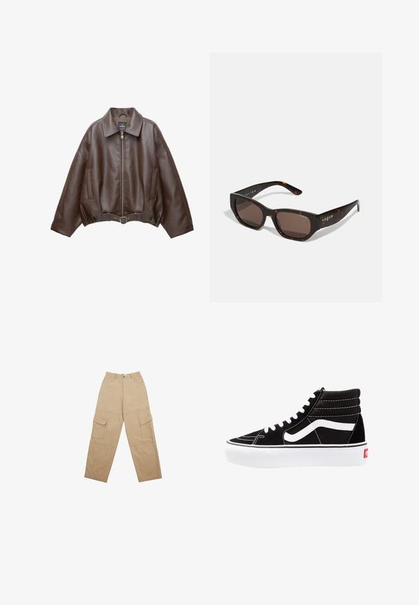 Brązowa kurtka z eko skóry, krótkiego kroju, z szerokim kołnierzem, zamkiem z przodu, bocznymi kieszeniami i paskiem w talii. Gładka faktura, luźny fason.; Bordowy kardigan dzianinowy z głębokim dekoltem w serek, trzema dużymi guzikami oraz prążkowaną teksturą, z długimi rękawami i krótkim fasonem.; Koszula z długim rękawem, zapinana na guziki, w jasnoróżowy i biały paski, z bocznymi marszczeniami i regulowanymi tasiemkami w talii.; Beżowe spodnie cargo wykonane z materiału, z dwiema przednimi kieszeniami i luźnym, szerokim krojem nogawek. Pas zawiera zapięcie na guzik i zamek błyskawiczny.; Czarne trampki za kostkę z białymi sznurowadłami, białym logo i kontrastującymi białymi szwami. Posiadają grubą białą podeszwę i teksturowaną zamszową cholewkę.; Okulary przeciwsłoneczne w kolorze żółwia z prostokątnymi brązowymi soczewkami. Błyszcząca plastikowa oprawka z złotym logo "vogue" po boku.; Miękka, brązowa torebka w stylu hobo z jedną szeroką rączką i wyprofilowanym otwarciem, wyeksponowana na białym tle.