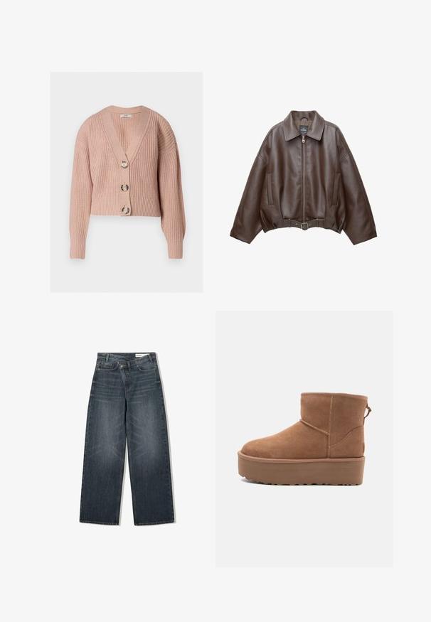 Brązowa kurtka z eko skóry, krótkiego kroju, z szerokim kołnierzem, zamkiem z przodu, bocznymi kieszeniami i paskiem w talii. Gładka faktura, luźny fason.; Gruba różowa kardiganka z prążkowanym splotem, z krótkim krojem, trzema dużymi marmurkowymi guzikami i kołnierzem w kształcie litery V, wyeksponowana na białym tle.; Biała koszulka z krótkim rękawem, wykonana z bawełny. Posiada okrągły dekolt i luźny krój. Gładka faktura bez widocznych wzorów czy akcentów.; Jeans z ciemnego denimu o szerokim kroju, z wysokim stanem, pięcioma kieszeniami i subtelnym przetarciem z przodu.; Beżowe zamszowe botki za kostkę z platformą, zaokrąglonym noskiem i akcentami w postaci przeszyć; posiadają pętelkę z tyłu dla ułatwienia zakładania.