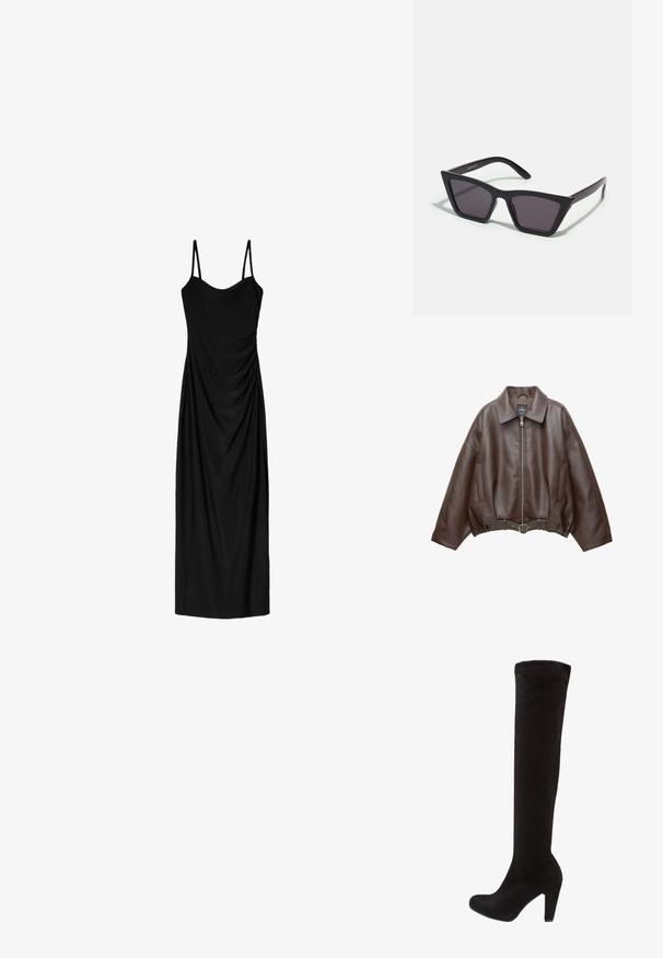 Brązowa kurtka z eko skóry, krótkiego kroju, z szerokim kołnierzem, zamkiem z przodu, bocznymi kieszeniami i paskiem w talii. Gładka faktura, luźny fason.; Czarna midi sukienka z cienkimi regulowanymi ramiączkami, z drapowaną formą i gładką teksturą. Brak widocznych wzorów lub ozdób.; Czarne kozaki za kolano wykonane z miękkiego zamszu, z dopasowanym fasonem i wysokim, masywnym obcasem. Gładka tekstura z minimalną ilością dodatków.; Czarne, kanciaste okulary przeciwsłoneczne z szarymi soczewkami; wykonane z plastiku, z grubymi zausznikami o gładkiej powierzchni i bez widocznych elementów metalowych.