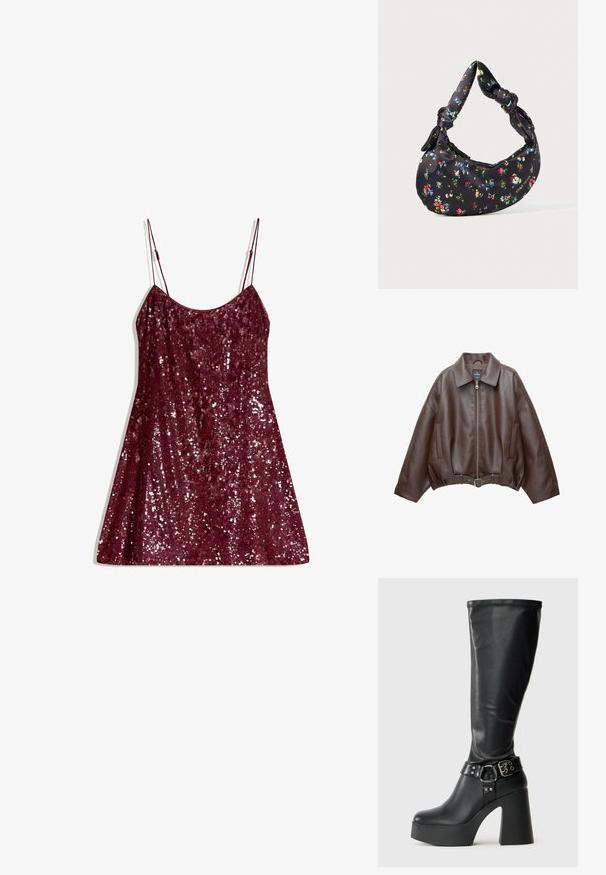 Brun kort jacka i konstläder med bred krage, dragkedja fram, sidofickor och skärp i midjan. Mjuk yta, avslappnad passform.; Burgundy paljettklänning med tunna justerbara axelband, A-linjeform och en glittrande yta, med full paljettöverdragning för extra lyster.; Svart knähöga plattformstövlar med glansig yta, utrustade med en bred klack och en spänne-bandsdetalj vid vristen.; Svart halvmåneformad handväska med färgglad blommönster och knutna handtag, med en liten metallisk logotyp på nedre högra sidan.