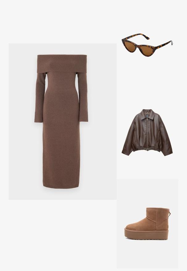 Barna műbőr rövid dzseki széles gallérral, elülső cipzárral, oldalzsebekkel és övvel szabott derékkal. Simább tapintású, laza szabású.; Barna, vállakra húzható, kötött ruha hosszú ujjal, testhez simuló fazonnal, bordás díszítéssel a nyaknál és az ujjak végén. Sima tapintású.; Barna suede bokacsizma platform talppal, lekerekített orral és varrás részletekkel; a hátsó részen húzófül található a könnyű felhúzás érdekében.; Cica szemüveg fekete és narancssárga teknőc pánttal, barna lencsékkel és sima, hegyes végekkel. A templomán egy minimalista logó található.