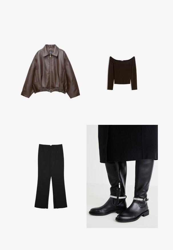 Veste courte en similicuir marron avec un large col, une fermeture éclair frontale, des poches latérales et une taille ceinturée. Texture lisse, coupe décontractée.; Haut marron foncé, décolleté asymétrique, en matière tricotée ajustée. Il possède des manches longues et un design court avec une texture lisse.; Pantalon noir avec une coupe droite, doté de poches avant et d'éclairs sur l'ourlet. Fabriqué en tissu doux et lisse. Convient à diverses occasions.; Bottes noires en cuir jusqu'au genou avec une fermeture éclair sur le côté, dotées d'une sangle accentuée en argent autour de la cheville et d'un petit talon.