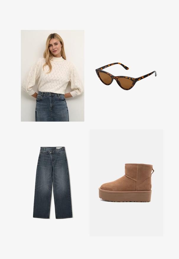 Brun kort jakke i imiteret læder med bred krave, lynlås foran, sidelommer og bælte i taljen. Glat tekstur, afslappet pasform.; Cremegul strikket trøje med høj hals og puffede ærmer, der har et struktureret mønster. Kombineret med en denimnederdel.; Mørk vaskede denim jeans med en bred benudskæring, der har høj talje, fem lommer og diskrete slidser på forsiden.; Tan ruskinds ankelstøvle med platformssål, rund tå og syninger; har en løkke bagpå for nem påtagning.; Kat-ejede solbriller med en sort og orange skildpaddemønstret stel, brune linser og slanke, spidse ender. Har et minimalistisk logo på skabelsen.