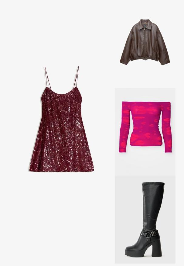 Veste courte en similicuir marron avec un large col, une fermeture éclair frontale, des poches latérales et une taille ceinturée. Texture lisse, coupe décontractée.; Haut magenta à manches longues et dégageant les épaules, avec un motif de formes découpées irrégulières et translucides sur l'ensemble du tissu.; Robe en sequins bordeaux avec des fines bretelles réglables, forme A-line et texture brillante, arborant une couverture complète de sequins pour un effet étincelant.; Bottes noires montantes à plateforme avec une finition brillante, dotées d'un large talon bloc et d'une sangle à boucle au niveau de la cheville.; Sac à main en forme de croissant noir avec un imprimé floral coloré et des poignées nouées, avec un petit logo métallique en bas à droite.