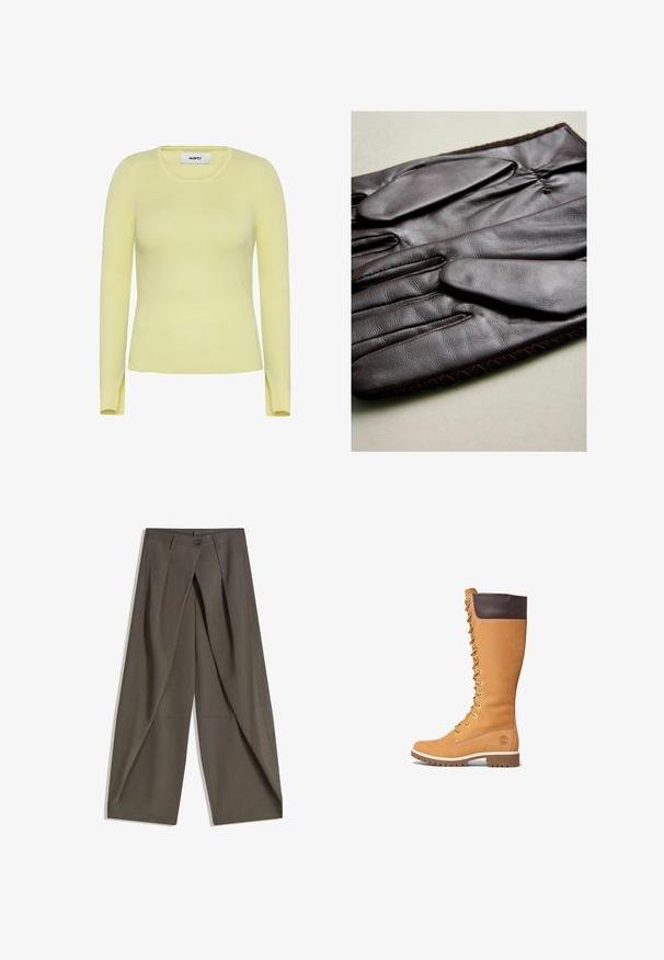 Braune, kurz geschnittene Jacke aus Kunstleder mit weitem Kragen, vorderem Reißverschluss, Seitentaschen und einem Taillengürtel. Glatte Textur, entspannte Passform.; Rippstrick-Pullover mit langen Ärmeln in blassgelb, mit rundem Ausschnitt und Schlitzen an dem Saum. Hergestellt aus einem elastischen, strukturierten Stoff.; Weite Hosen aus einem strukturierten, dunkelgrauen Stoff. Mit einer vorderen Faltenlegung, Knopfverschluss und praktischen Seitentaschen ausgestattet.; Timberland PREMIUM - Schnürstiefel - wheat; Braune Lederhandschuhe mit glatter Textur, fünf Fingern, elastischem Handgelenk und dekorativer Naht entlang der Kante.