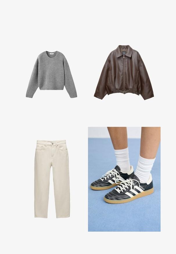 Rjava umetna usnjena krajšna jakna z širokim ovratnikom, zadrgo spredaj, stranskimi žepi in pasom v pasu. Gladek tekstura, sproščen kroj.; Sivkasto pleteno krojaško pulover s dolgimi rokavi ter rebrastimi manšetami in robom, položen na belo ozadje.; Beli traper hlače z sproščenim krojem, ravnimi nogami, petimi žepi in kovinskimi detajli z subtilno teksturo.; Črne usnjene superge z belimi črtami, okroglo konico, belimi vezalkami in gumijastim podplatom. Poudarjene z oblazinjenim ovratnikom in detajli blagovne znamke.